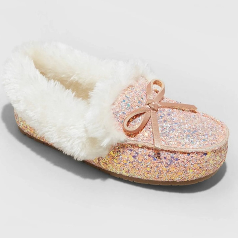 Cat & Jack Toddler Girls Rose Gold Glitter Sherpa Cozy Warm Slippers Shoes 7